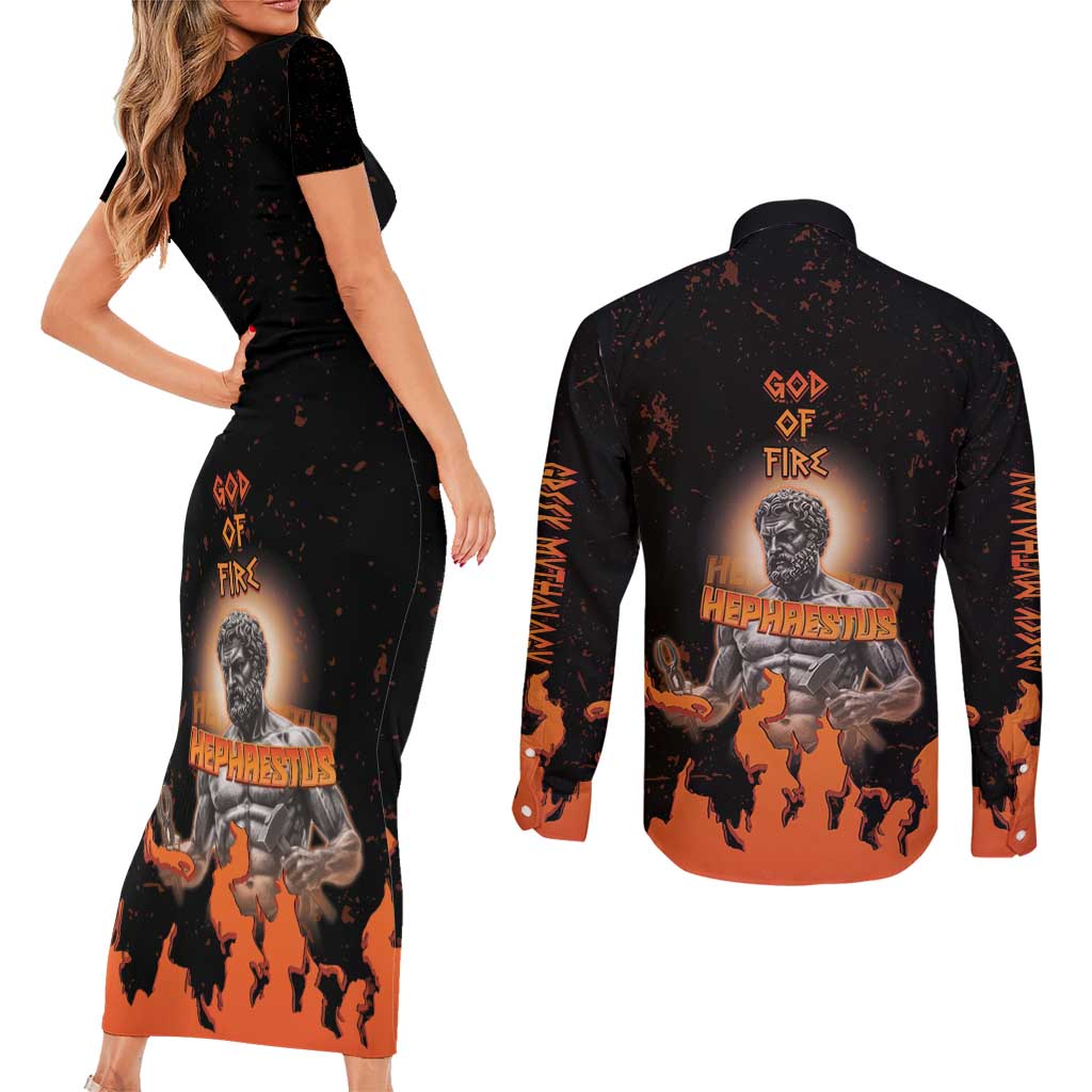 Ancient Greek Hephaestus Couples Matching Short Sleeve Bodycon Dress and Long Sleeve Button Shirt God Of Fire - Wonder Print Shop