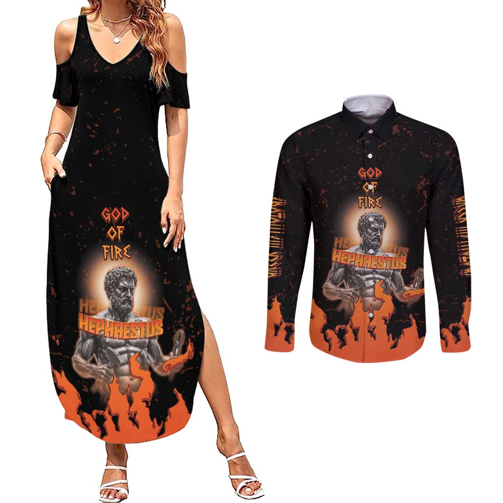 Ancient Greek Hephaestus Couples Matching Summer Maxi Dress and Long Sleeve Button Shirt God Of Fire - Wonder Print Shop