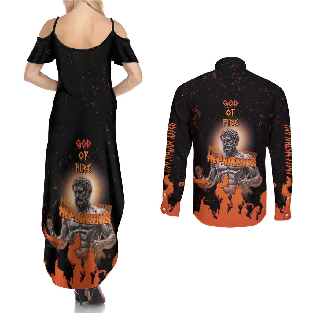 Ancient Greek Hephaestus Couples Matching Summer Maxi Dress and Long Sleeve Button Shirt God Of Fire - Wonder Print Shop