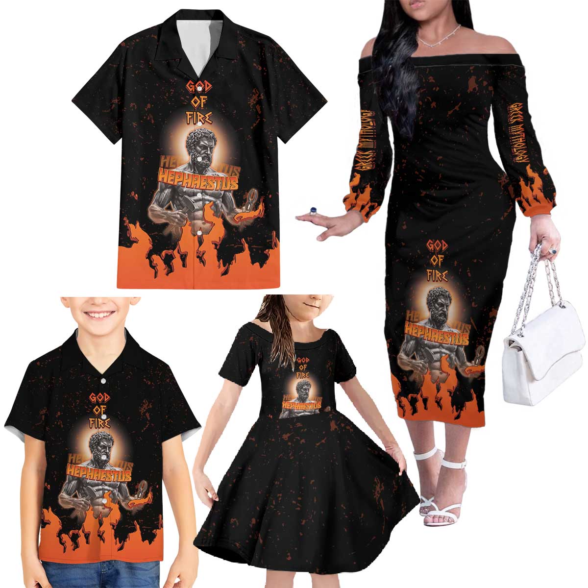 Ancient Greek Hephaestus Family Matching Off The Shoulder Long Sleeve Dress and Hawaiian Shirt God Of Fire - Wonder Print Shop
