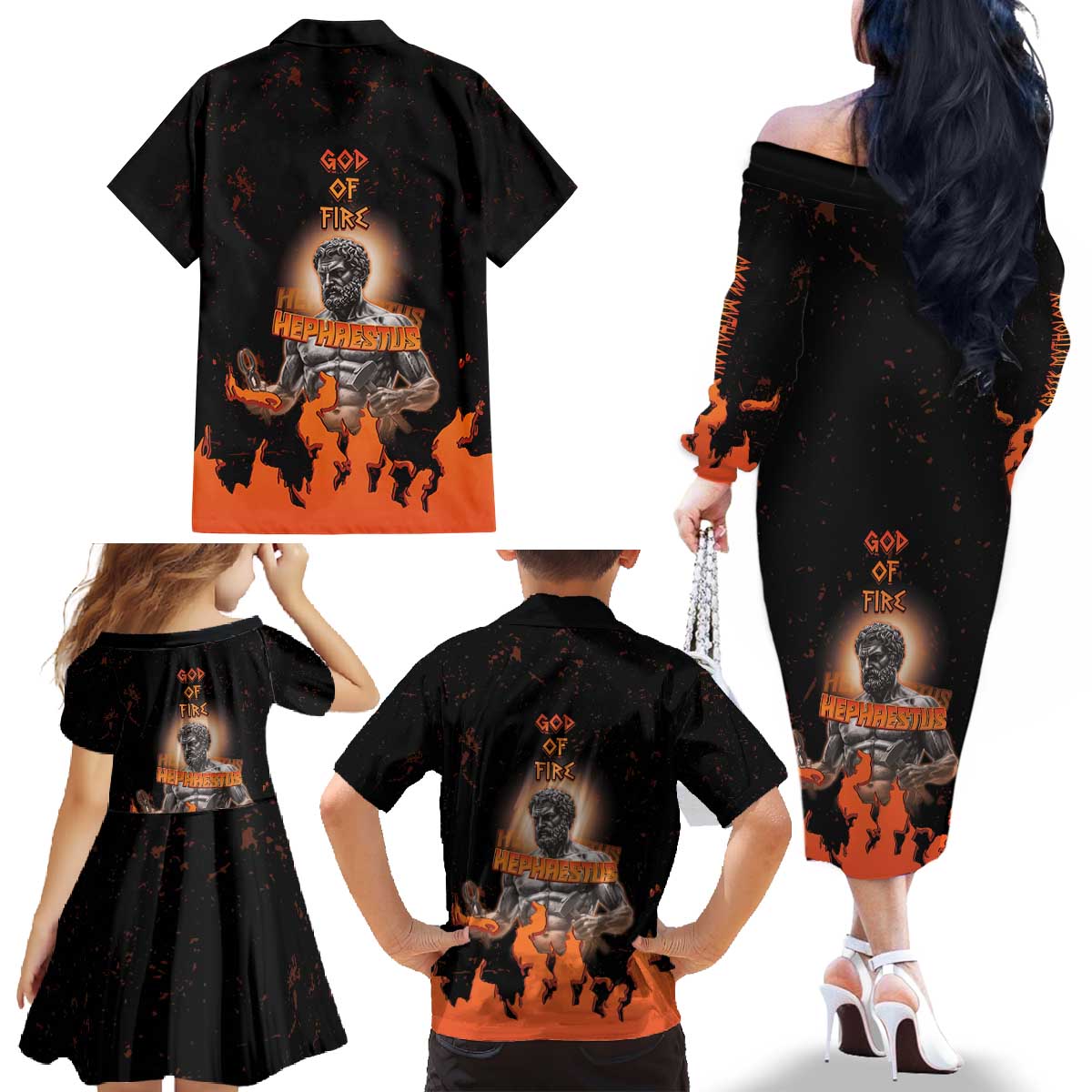 Ancient Greek Hephaestus Family Matching Off The Shoulder Long Sleeve Dress and Hawaiian Shirt God Of Fire - Wonder Print Shop