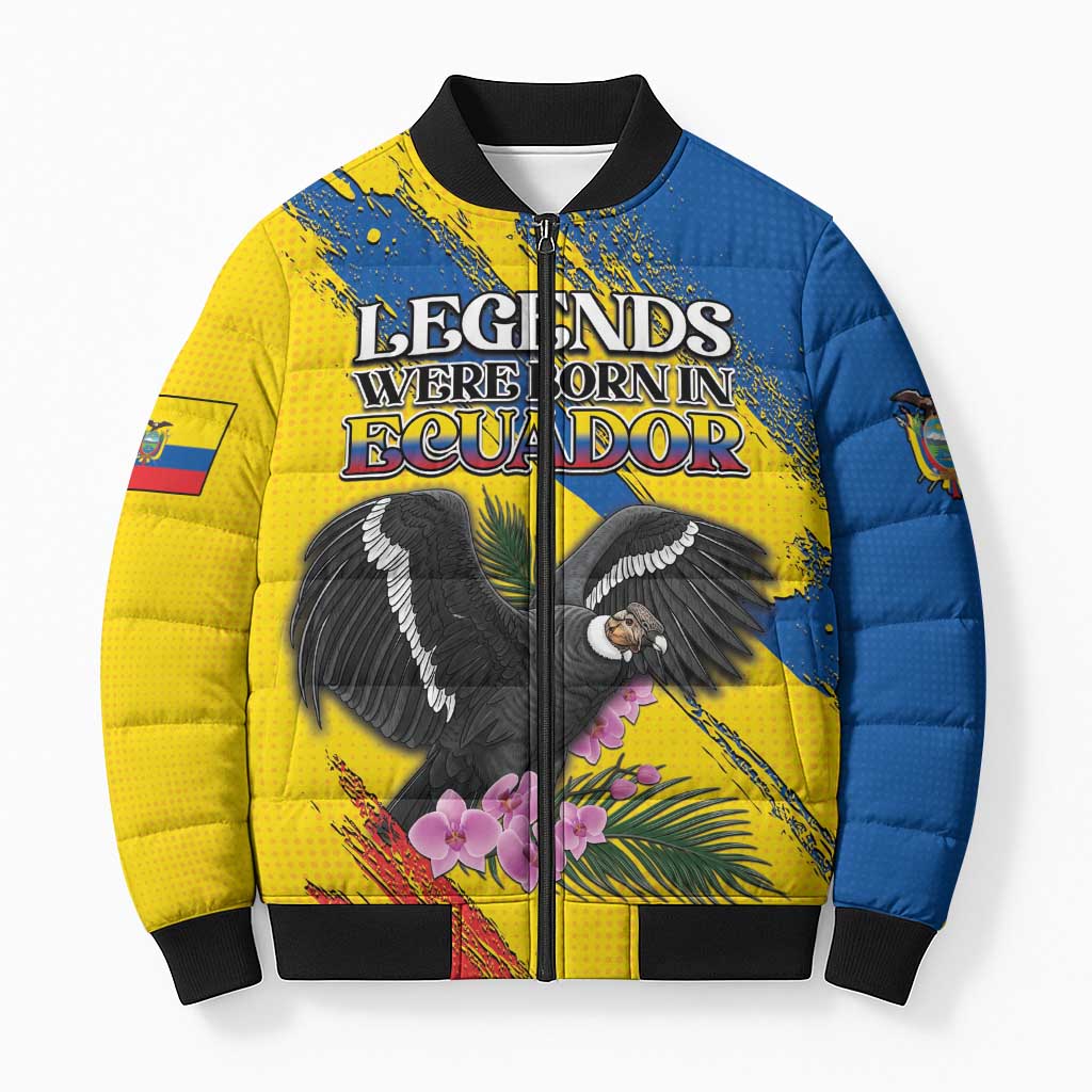 Personalized Ecuador Bomber Puffer Jacket Andean Condor With Phalaenopsis Orchid - Wonder Print Shop