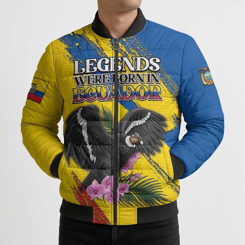 Personalized Ecuador Bomber Puffer Jacket Andean Condor With Phalaenopsis Orchid - Wonder Print Shop