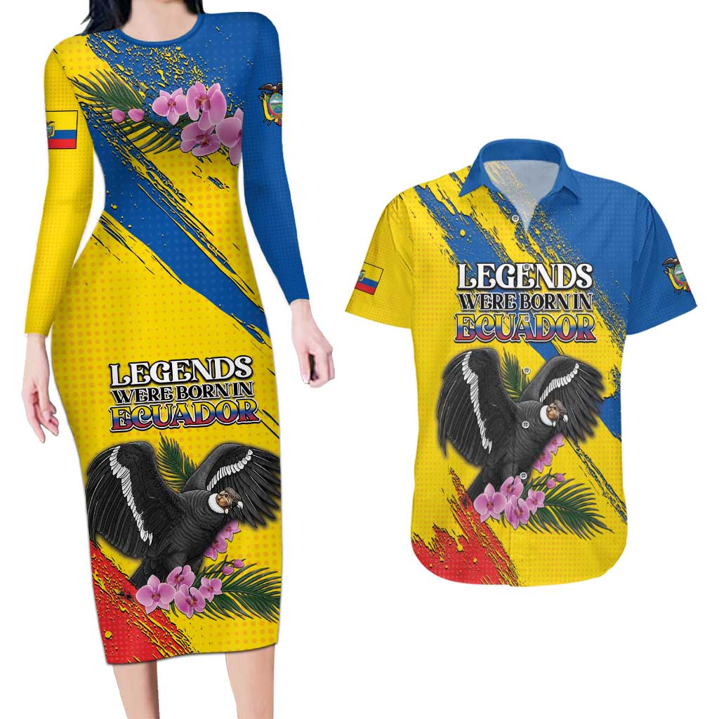 Personalized Ecuador Couples Matching Long Sleeve Bodycon Dress and Hawaiian Shirt Andean Condor With Phalaenopsis Orchid - Wonder Print Shop