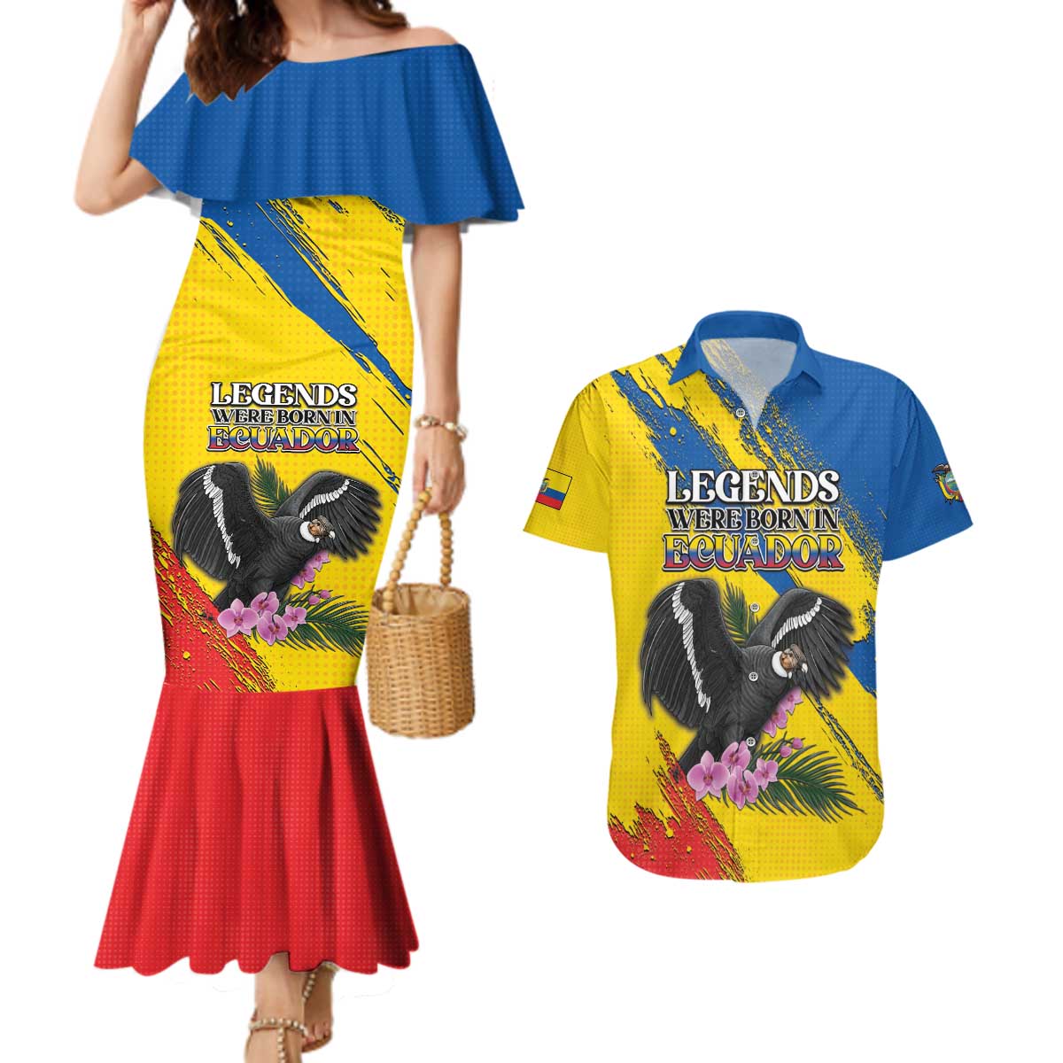 Personalized Ecuador Couples Matching Mermaid Dress and Hawaiian Shirt Andean Condor With Phalaenopsis Orchid - Wonder Print Shop