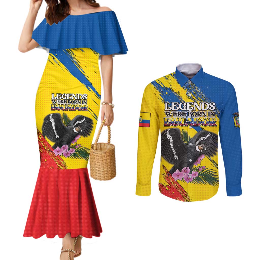 Personalized Ecuador Couples Matching Mermaid Dress and Long Sleeve Button Shirt Andean Condor With Phalaenopsis Orchid - Wonder Print Shop