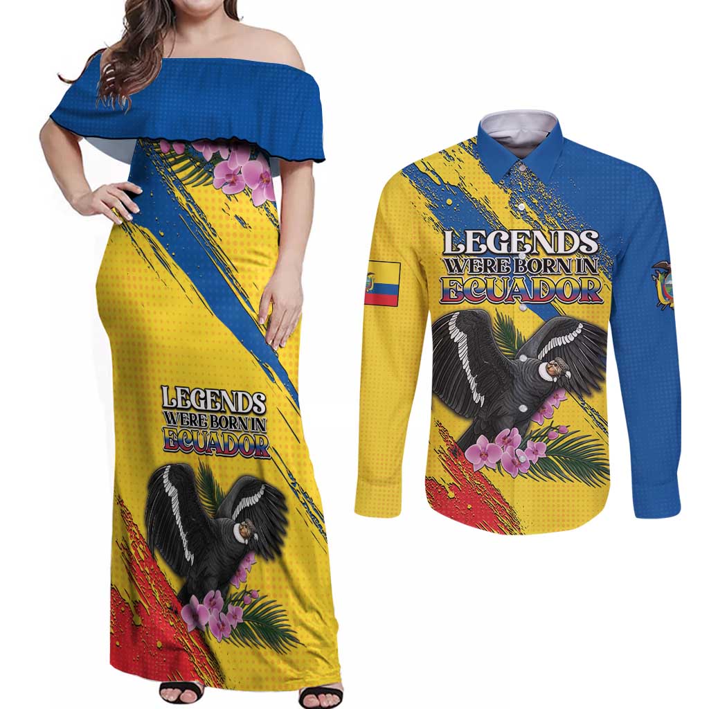 Personalized Ecuador Couples Matching Off Shoulder Maxi Dress and Long Sleeve Button Shirt Andean Condor With Phalaenopsis Orchid - Wonder Print Shop