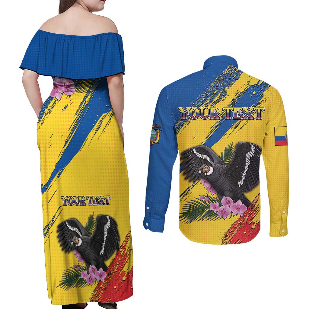 Personalized Ecuador Couples Matching Off Shoulder Maxi Dress and Long Sleeve Button Shirt Andean Condor With Phalaenopsis Orchid - Wonder Print Shop