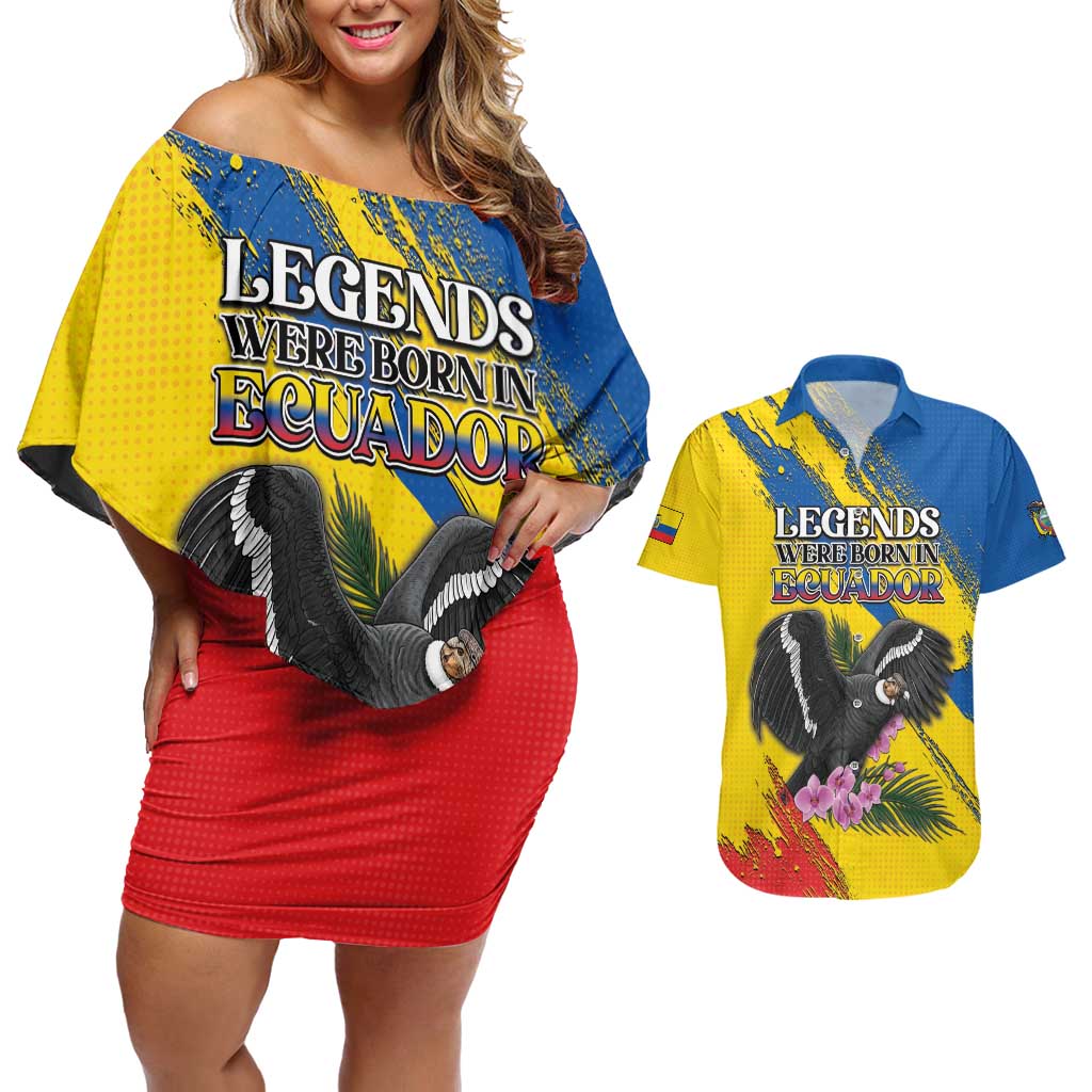 Personalized Ecuador Couples Matching Off Shoulder Short Dress and Hawaiian Shirt Andean Condor With Phalaenopsis Orchid - Wonder Print Shop