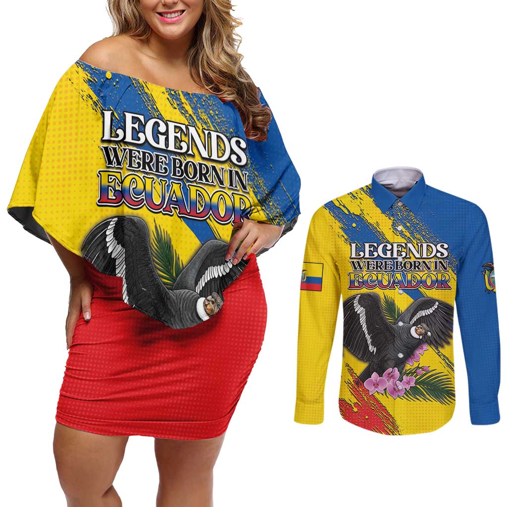 Personalized Ecuador Couples Matching Off Shoulder Short Dress and Long Sleeve Button Shirt Andean Condor With Phalaenopsis Orchid - Wonder Print Shop