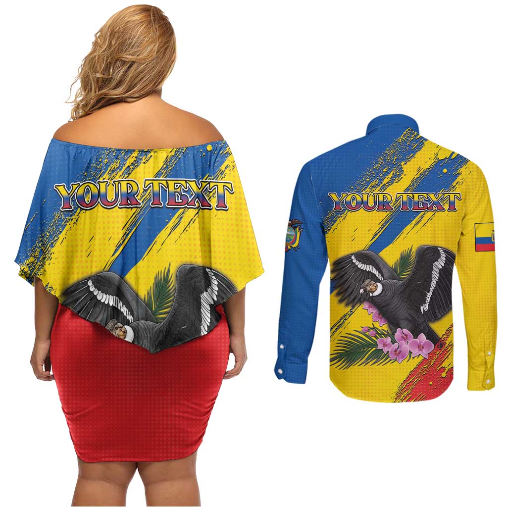 Personalized Ecuador Couples Matching Off Shoulder Short Dress and Long Sleeve Button Shirt Andean Condor With Phalaenopsis Orchid - Wonder Print Shop