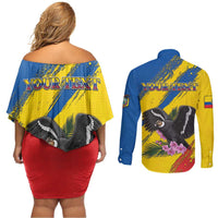Personalized Ecuador Couples Matching Off Shoulder Short Dress and Long Sleeve Button Shirt Andean Condor With Phalaenopsis Orchid - Wonder Print Shop