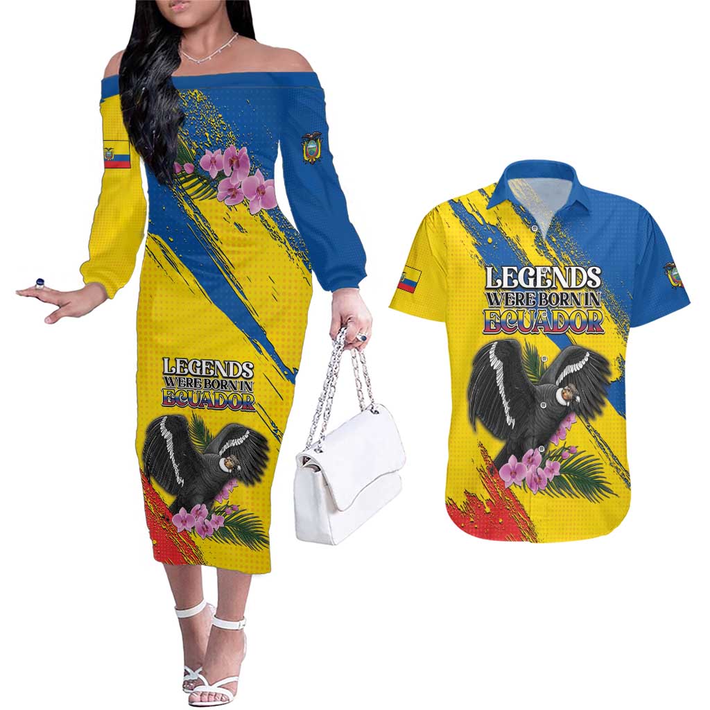 Personalized Ecuador Couples Matching Off The Shoulder Long Sleeve Dress and Hawaiian Shirt Andean Condor With Phalaenopsis Orchid - Wonder Print Shop