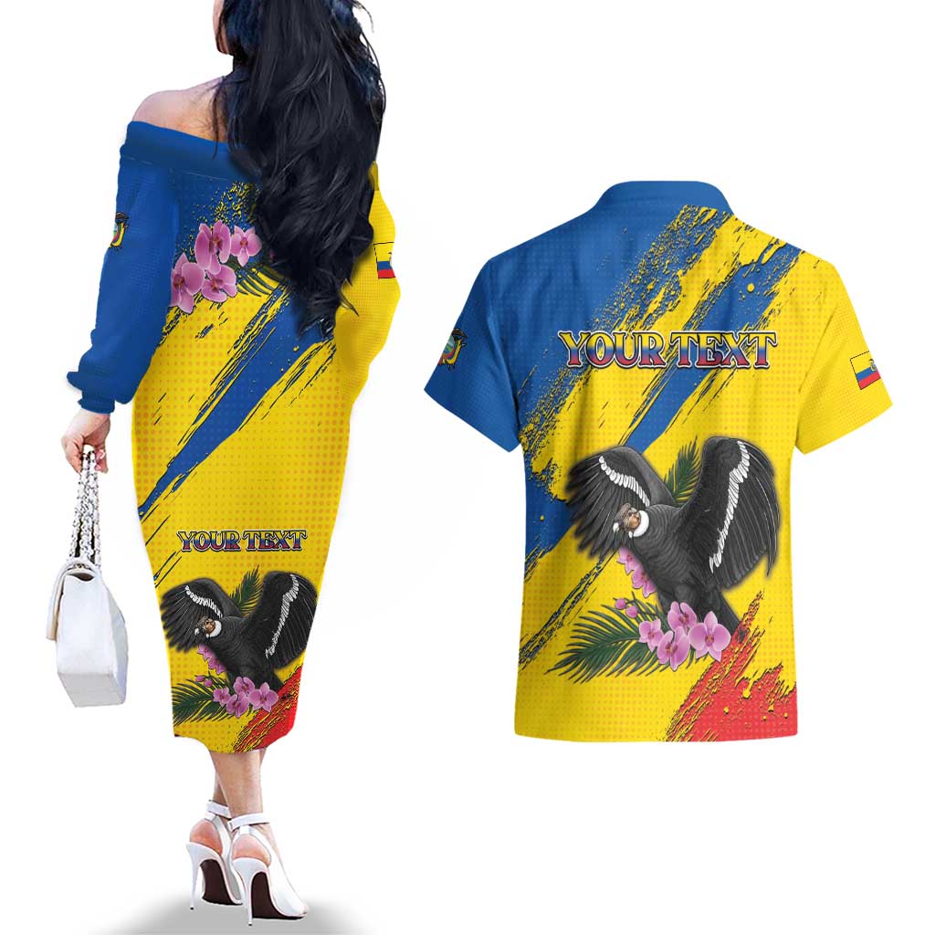 Personalized Ecuador Couples Matching Off The Shoulder Long Sleeve Dress and Hawaiian Shirt Andean Condor With Phalaenopsis Orchid - Wonder Print Shop