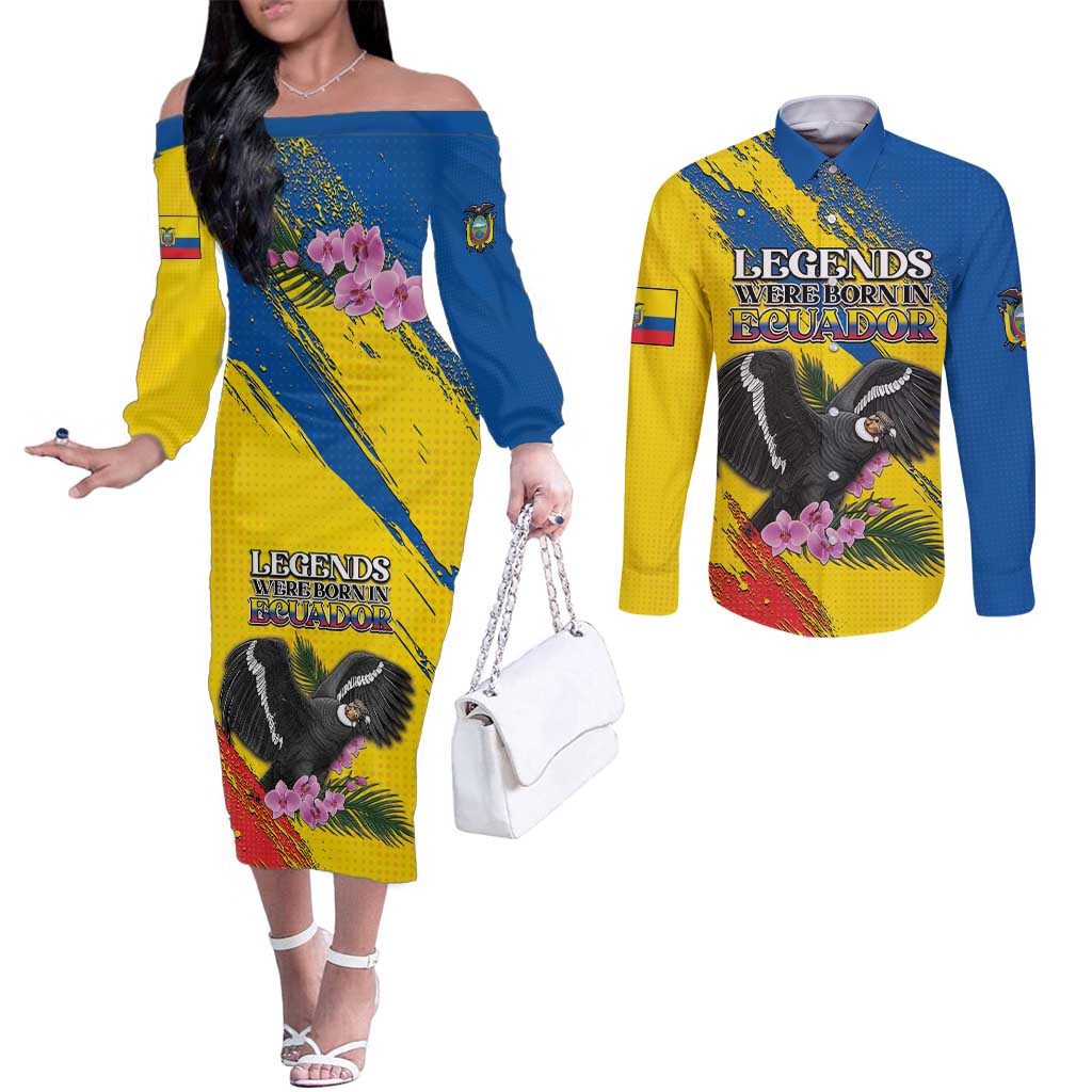 Personalized Ecuador Couples Matching Off The Shoulder Long Sleeve Dress and Long Sleeve Button Shirt Andean Condor With Phalaenopsis Orchid - Wonder Print Shop