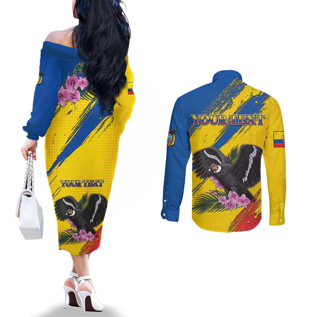 Personalized Ecuador Couples Matching Off The Shoulder Long Sleeve Dress and Long Sleeve Button Shirt Andean Condor With Phalaenopsis Orchid - Wonder Print Shop