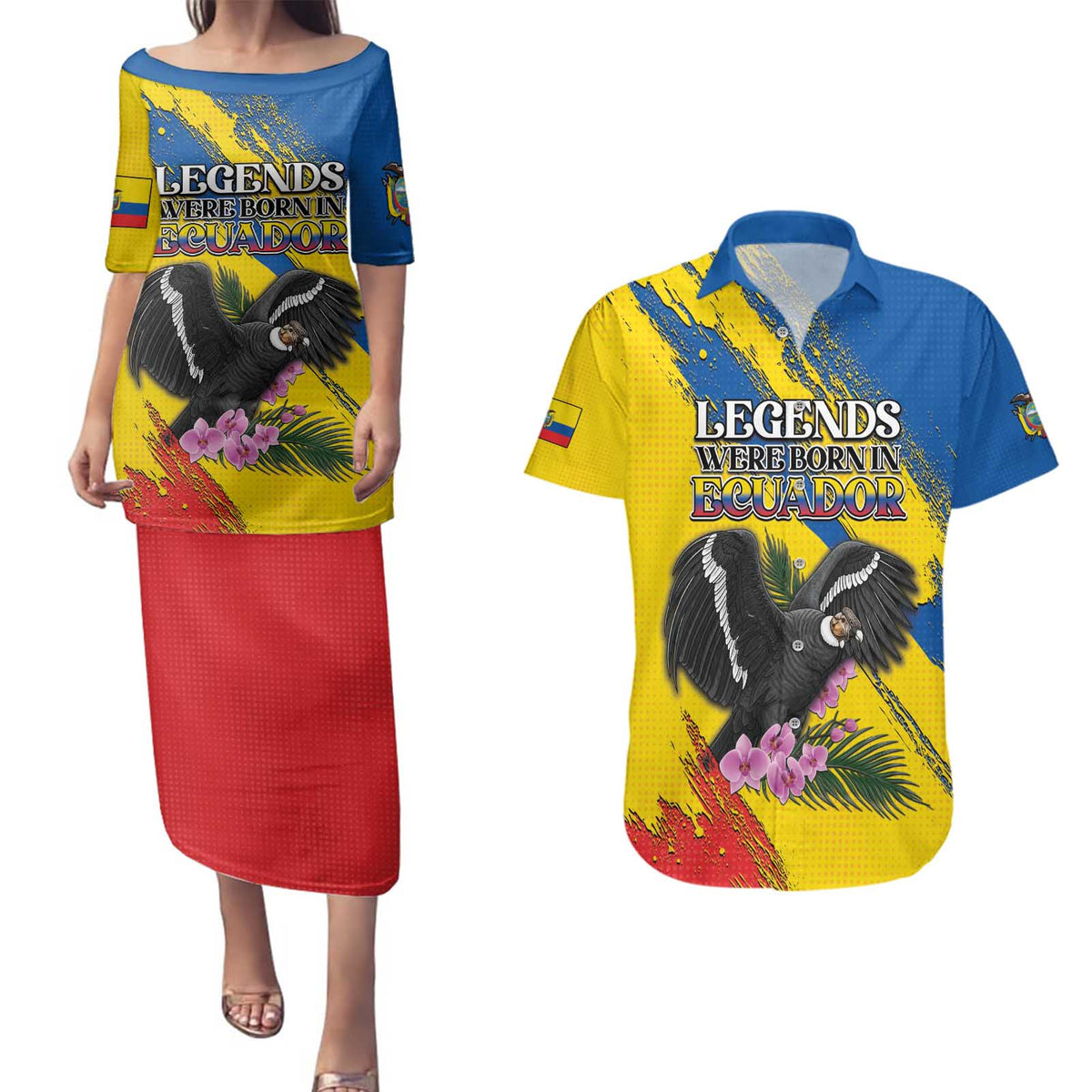 Personalized Ecuador Couples Matching Puletasi and Hawaiian Shirt Andean Condor With Phalaenopsis Orchid - Wonder Print Shop