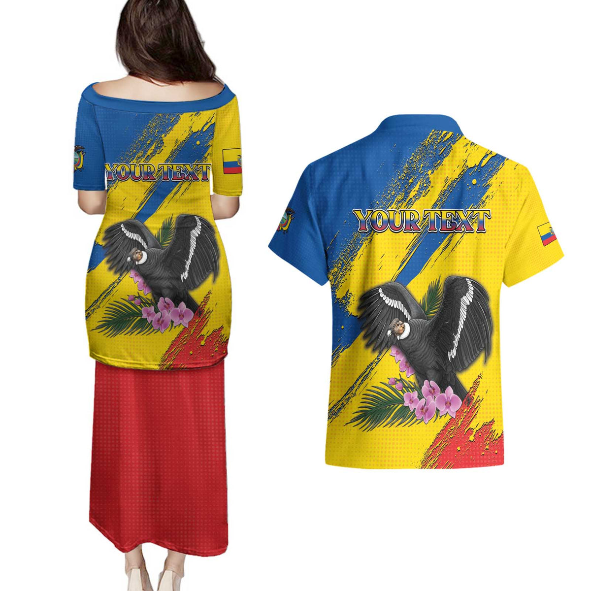 Personalized Ecuador Couples Matching Puletasi and Hawaiian Shirt Andean Condor With Phalaenopsis Orchid - Wonder Print Shop