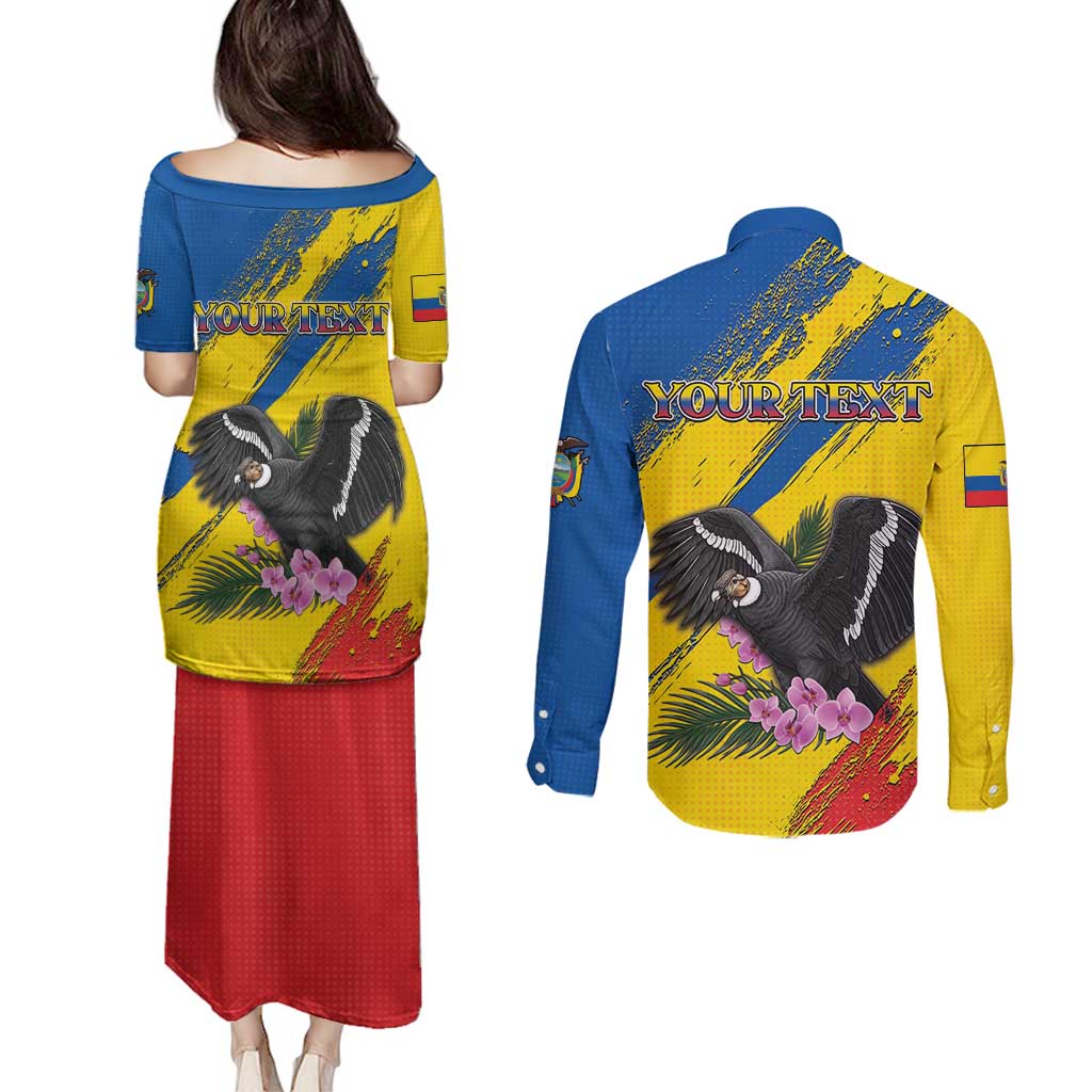 Personalized Ecuador Couples Matching Puletasi and Long Sleeve Button Shirt Andean Condor With Phalaenopsis Orchid - Wonder Print Shop