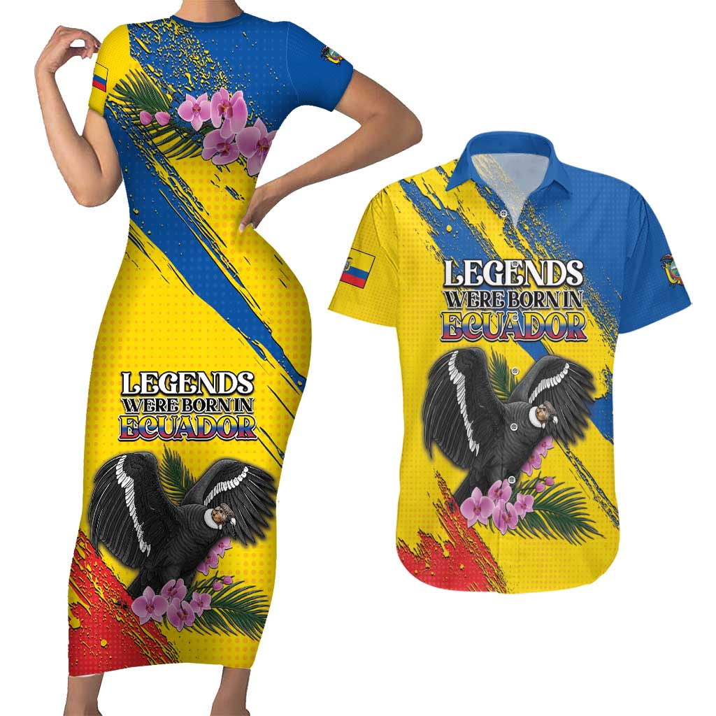 Personalized Ecuador Couples Matching Short Sleeve Bodycon Dress and Hawaiian Shirt Andean Condor With Phalaenopsis Orchid - Wonder Print Shop