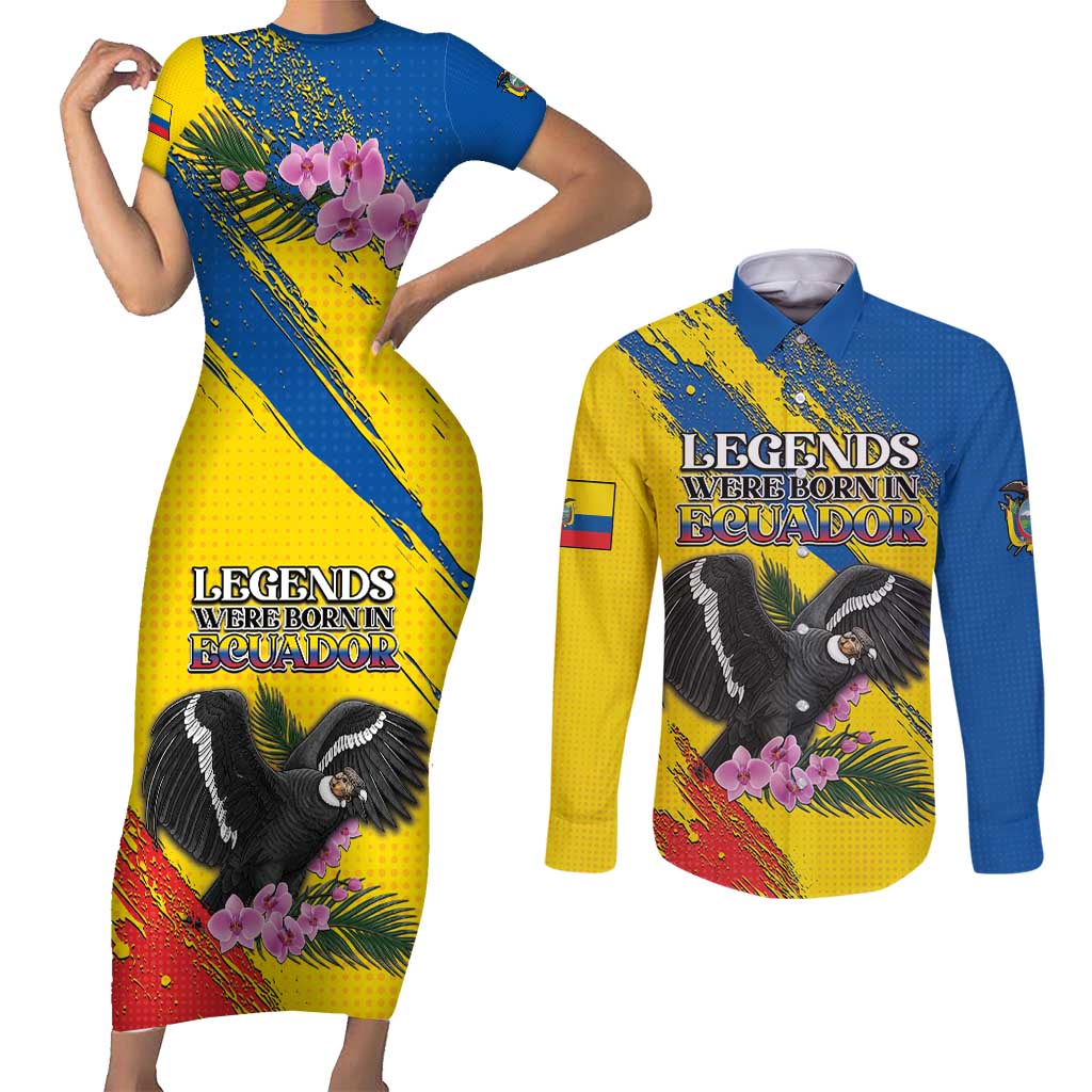 Personalized Ecuador Couples Matching Short Sleeve Bodycon Dress and Long Sleeve Button Shirt Andean Condor With Phalaenopsis Orchid - Wonder Print Shop