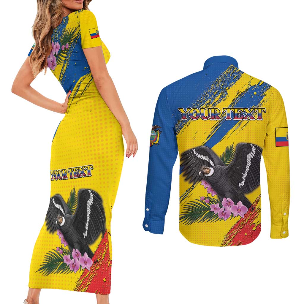 Personalized Ecuador Couples Matching Short Sleeve Bodycon Dress and Long Sleeve Button Shirt Andean Condor With Phalaenopsis Orchid - Wonder Print Shop