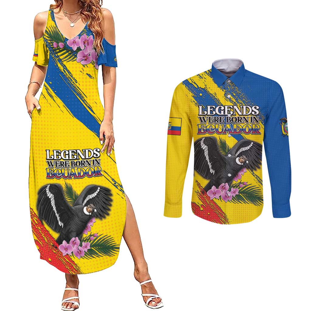 Personalized Ecuador Couples Matching Summer Maxi Dress and Long Sleeve Button Shirt Andean Condor With Phalaenopsis Orchid - Wonder Print Shop