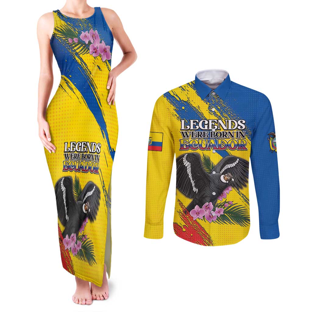 Personalized Ecuador Couples Matching Tank Maxi Dress and Long Sleeve Button Shirt Andean Condor With Phalaenopsis Orchid - Wonder Print Shop