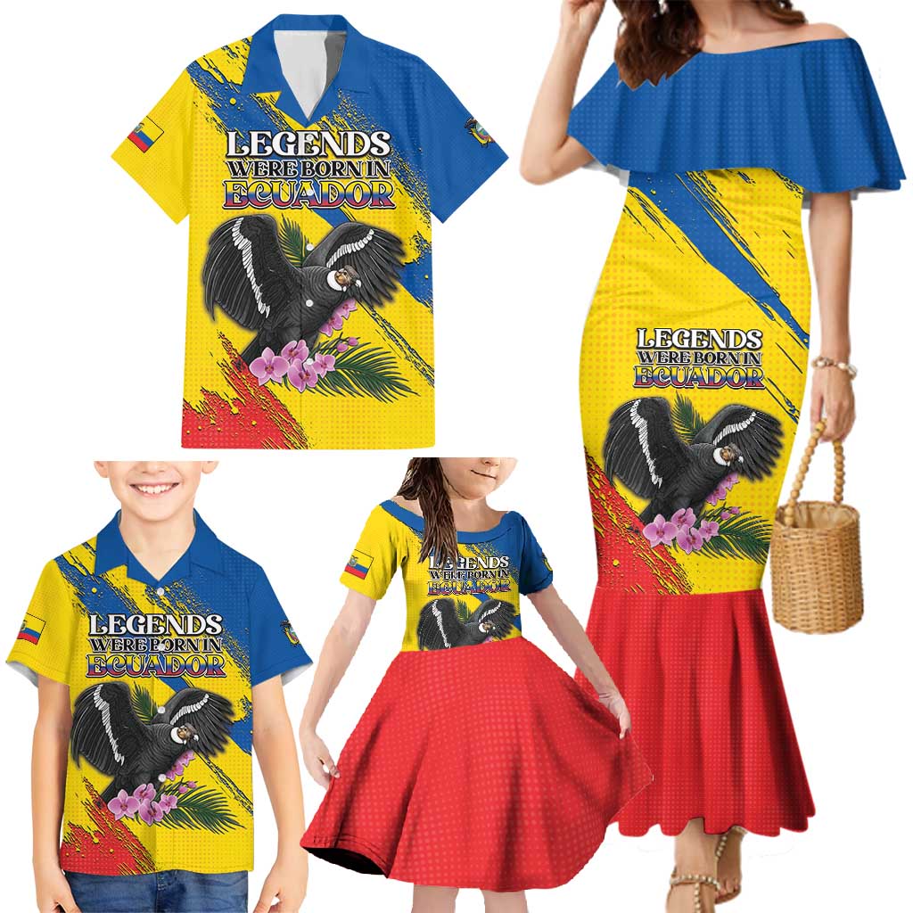 Personalized Ecuador Family Matching Mermaid Dress and Hawaiian Shirt Andean Condor With Phalaenopsis Orchid - Wonder Print Shop