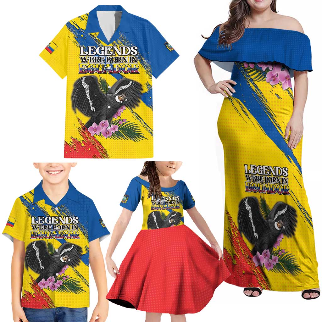 Personalized Ecuador Family Matching Off Shoulder Maxi Dress and Hawaiian Shirt Andean Condor With Phalaenopsis Orchid - Wonder Print Shop