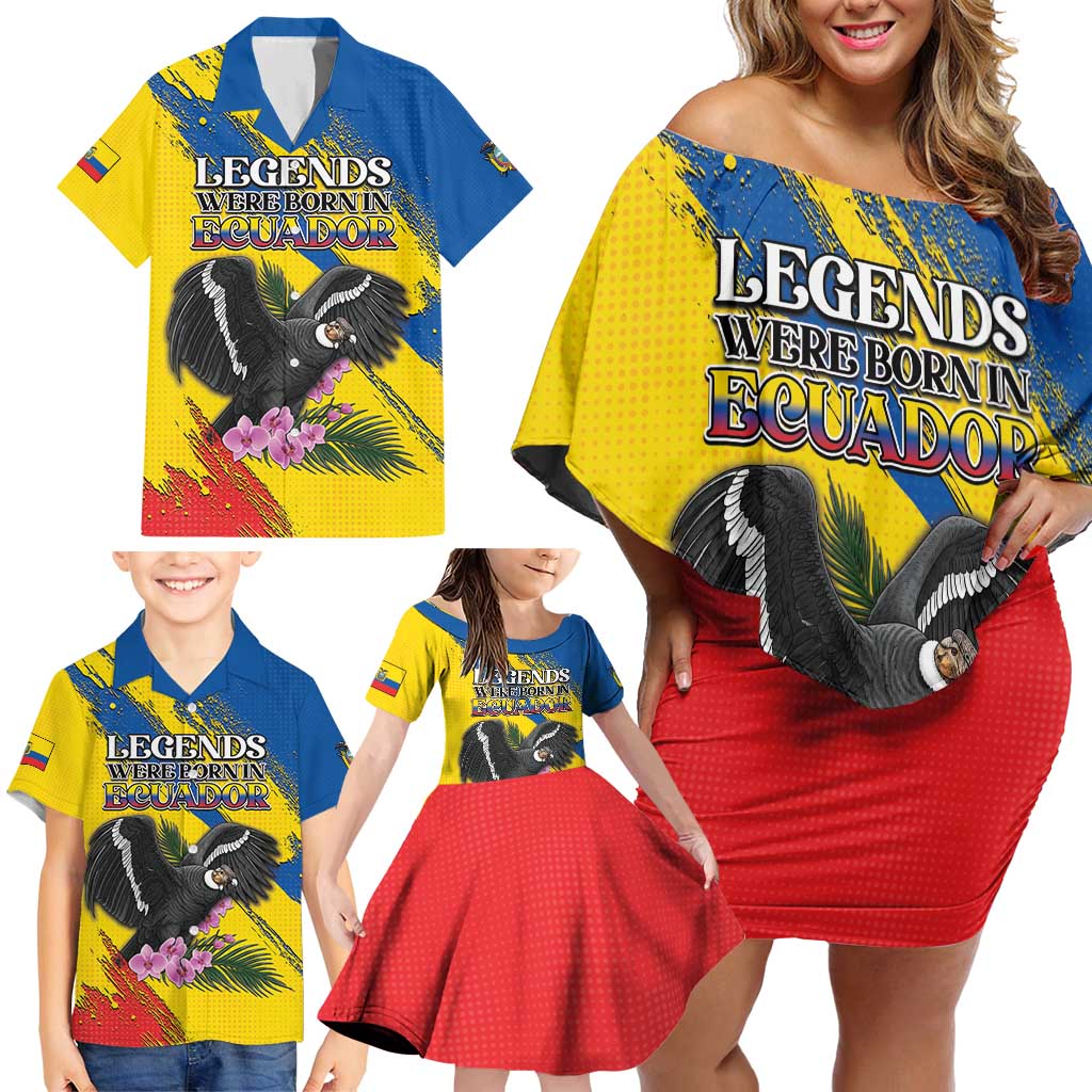 Personalized Ecuador Family Matching Off Shoulder Short Dress and Hawaiian Shirt Andean Condor With Phalaenopsis Orchid - Wonder Print Shop