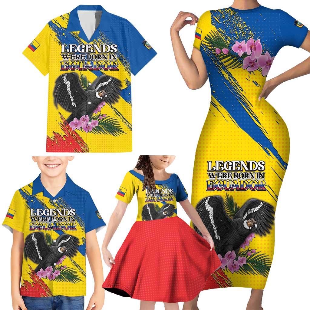 Personalized Ecuador Family Matching Short Sleeve Bodycon Dress and Hawaiian Shirt Andean Condor With Phalaenopsis Orchid - Wonder Print Shop