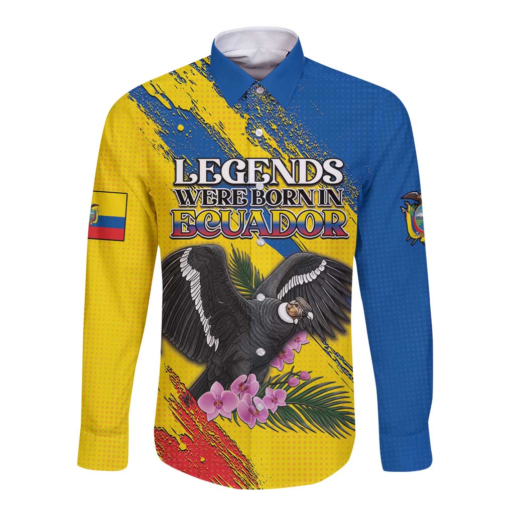 Personalized Ecuador Long Sleeve Button Shirt Andean Condor With Phalaenopsis Orchid - Wonder Print Shop