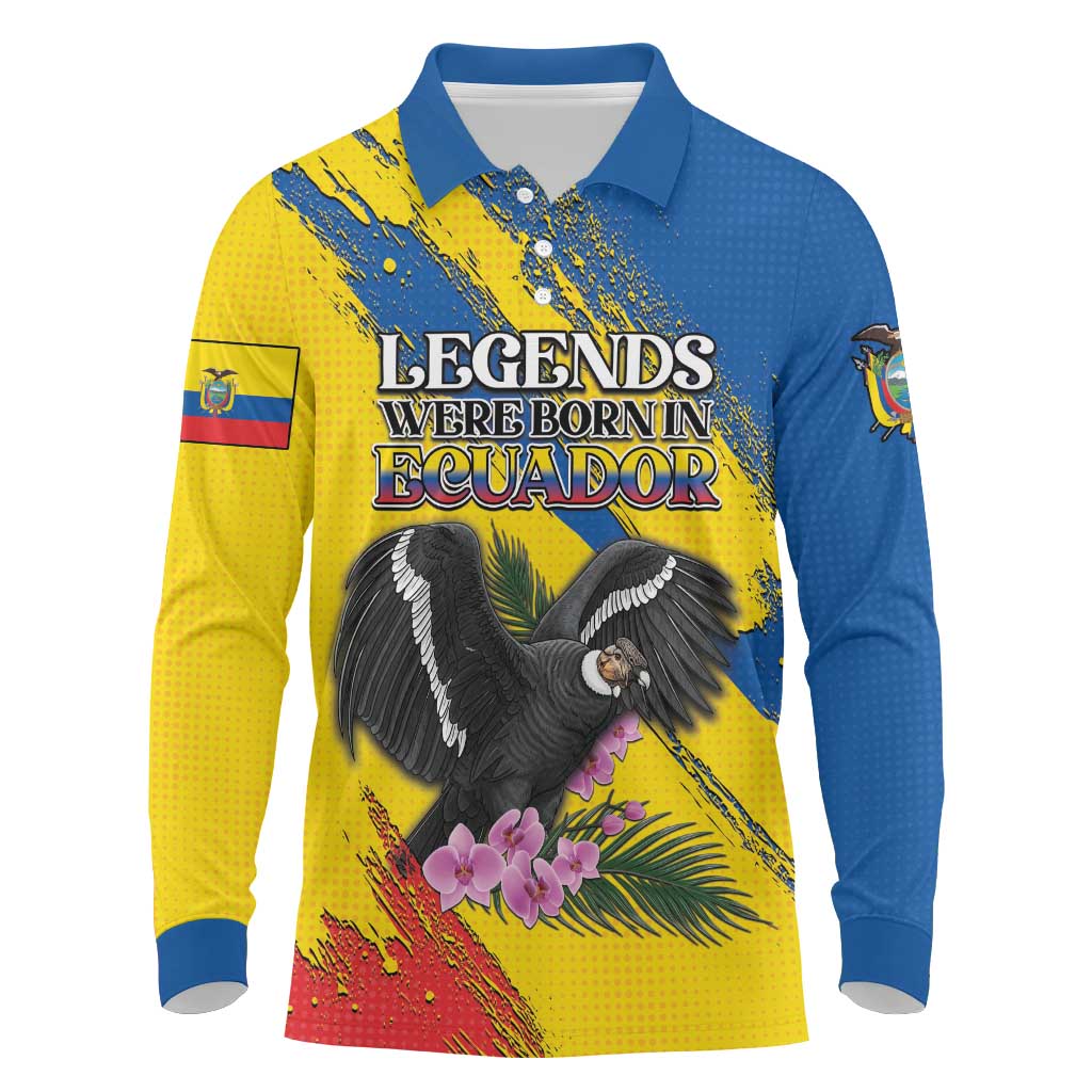 Personalized Ecuador Long Sleeve Polo Shirt Andean Condor With Phalaenopsis Orchid - Wonder Print Shop