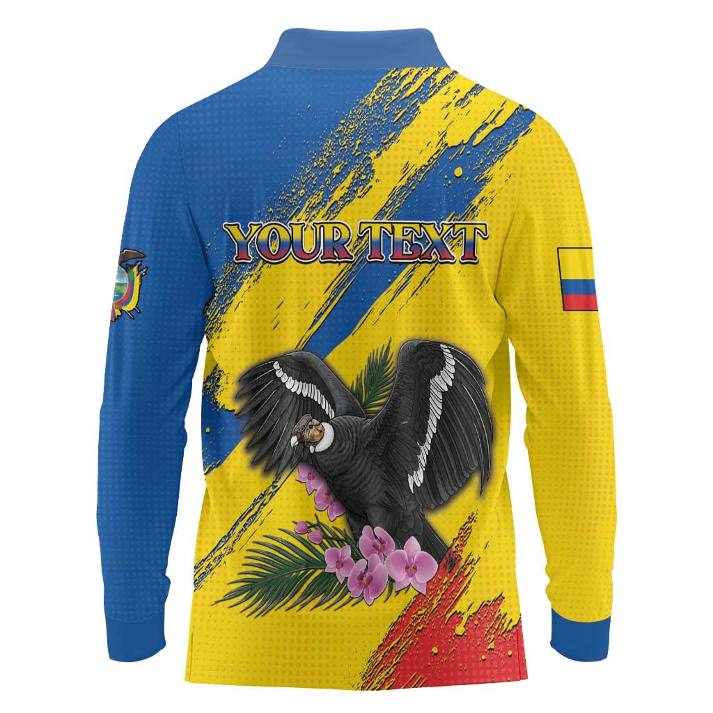 Personalized Ecuador Long Sleeve Polo Shirt Andean Condor With Phalaenopsis Orchid - Wonder Print Shop