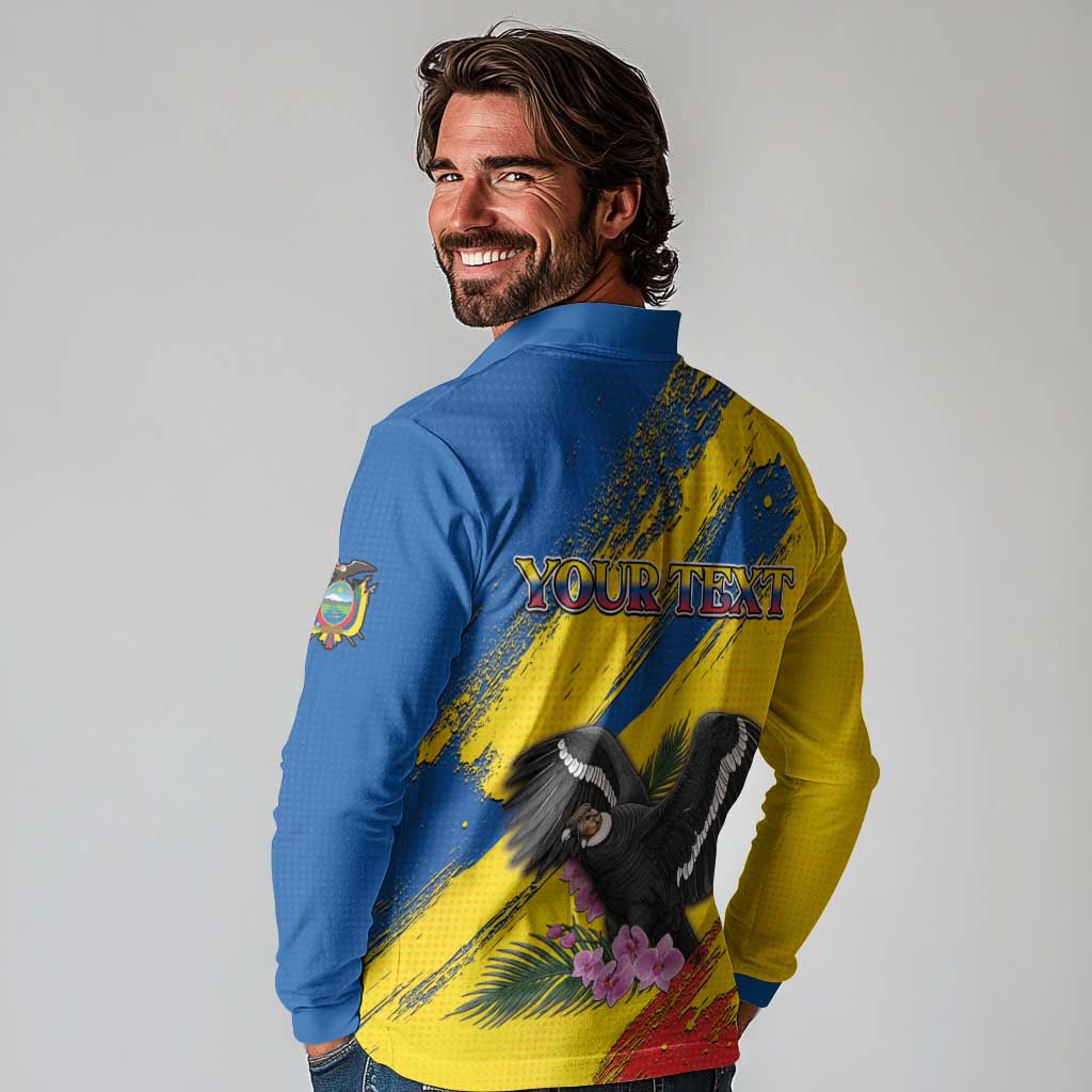 Personalized Ecuador Long Sleeve Polo Shirt Andean Condor With Phalaenopsis Orchid - Wonder Print Shop