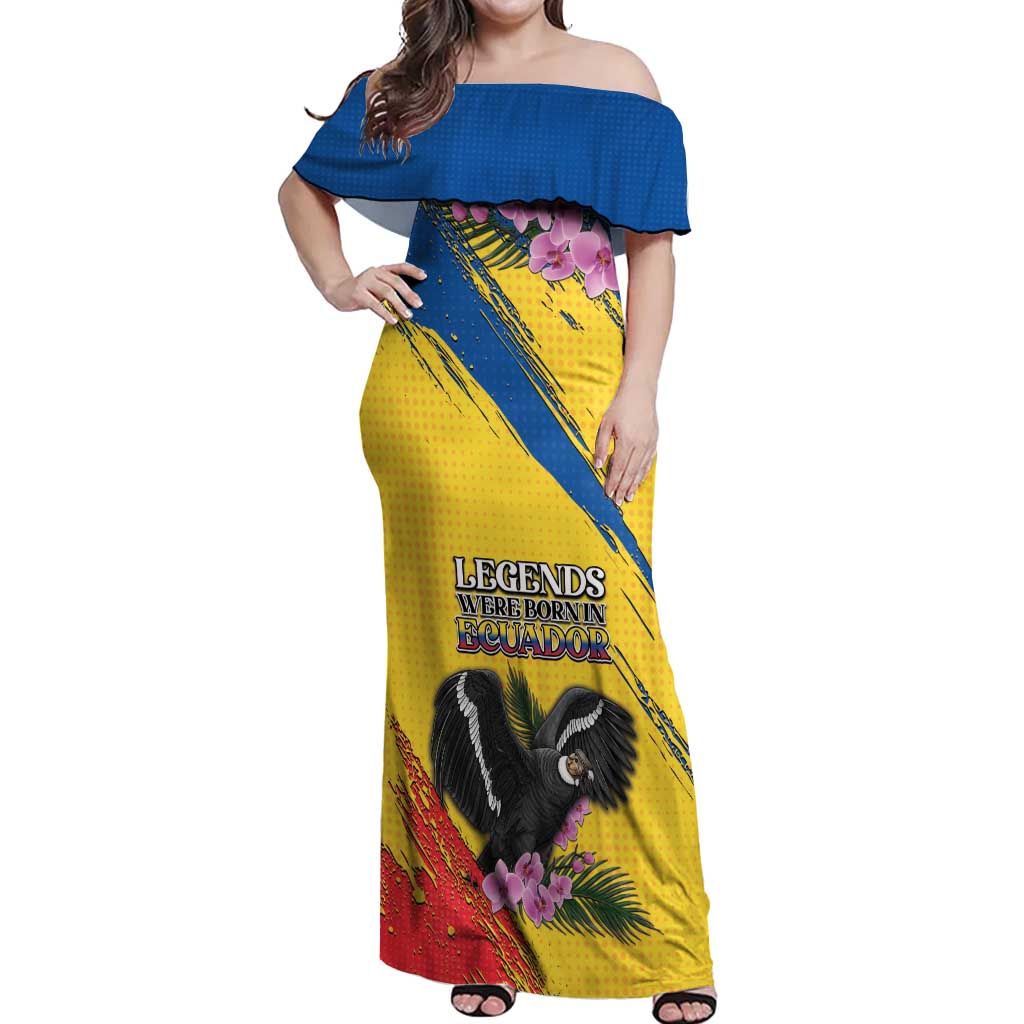 Personalized Ecuador Off Shoulder Maxi Dress Andean Condor With Phalaenopsis Orchid - Wonder Print Shop