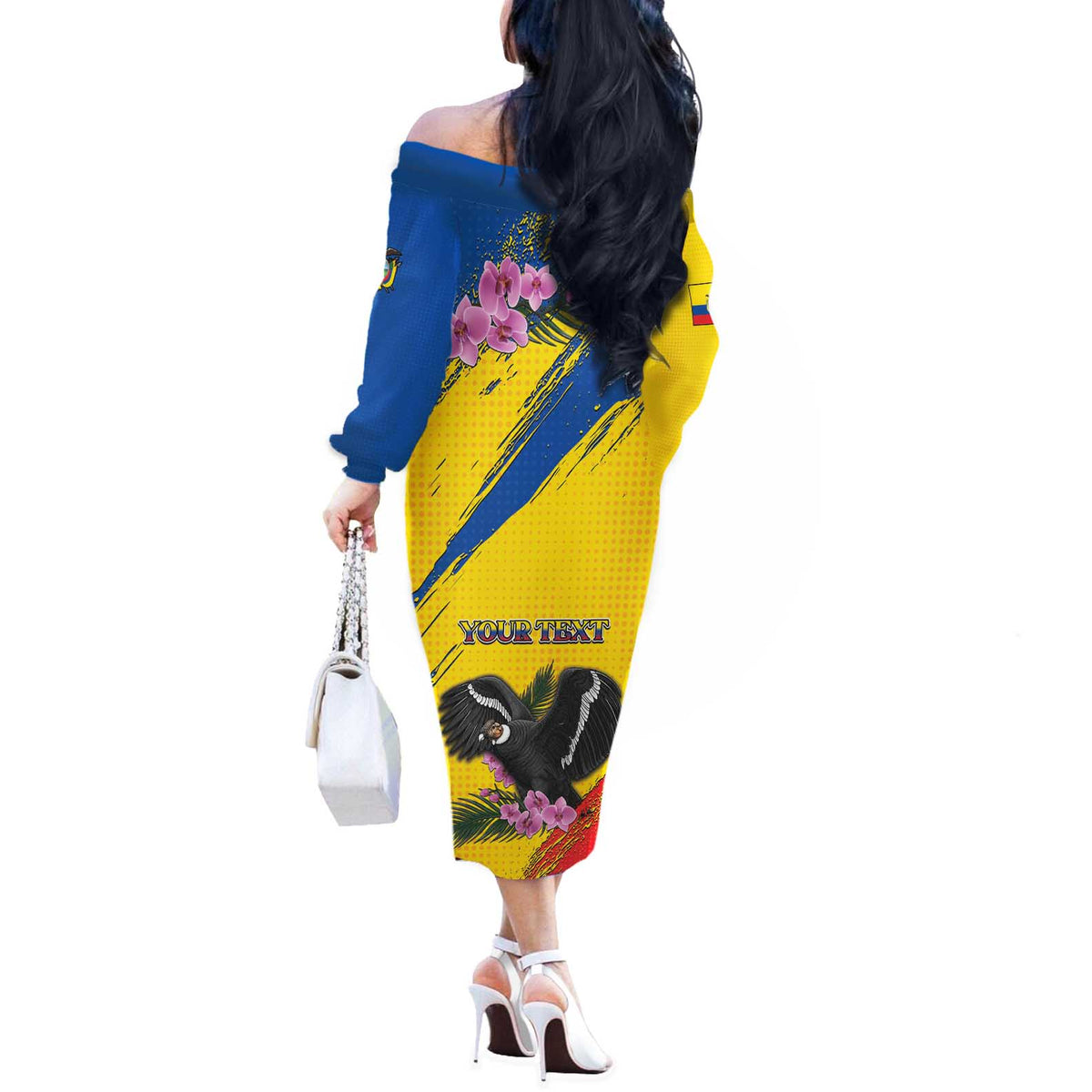 Personalized Ecuador Off The Shoulder Long Sleeve Dress Andean Condor With Phalaenopsis Orchid - Wonder Print Shop