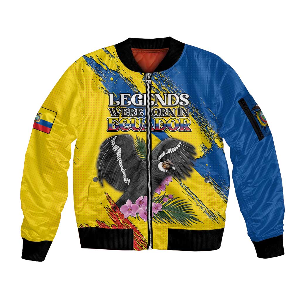 Personalized Ecuador Sleeve Zip Bomber Jacket Andean Condor With Phalaenopsis Orchid - Wonder Print Shop