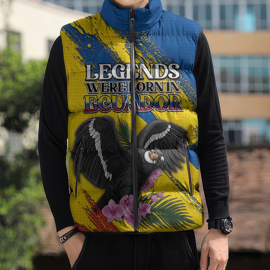 Personalized Ecuador Sleeveless Puffer Jacket Andean Condor With Phalaenopsis Orchid - Wonder Print Shop