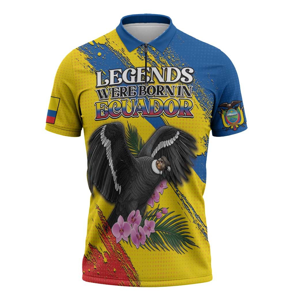 Personalized Ecuador Zipper Polo Shirt Andean Condor With Phalaenopsis Orchid - Wonder Print Shop