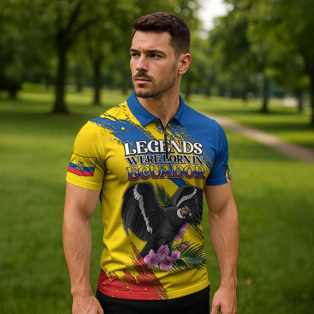 Personalized Ecuador Zipper Polo Shirt Andean Condor With Phalaenopsis Orchid - Wonder Print Shop