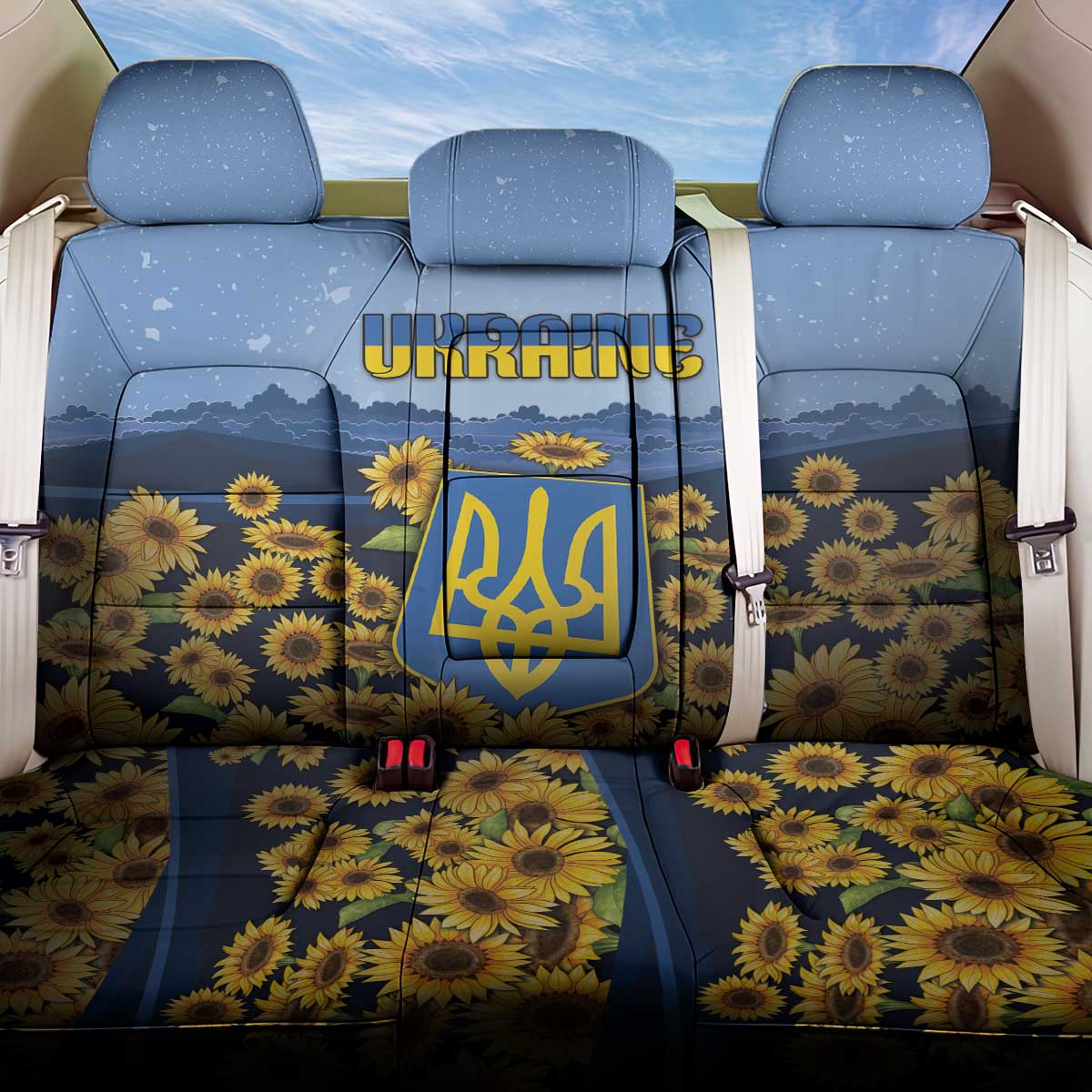 Ukraine Back Car Seat Cover Coat Of Arms On Sunflower Field - Wonder Print Shop