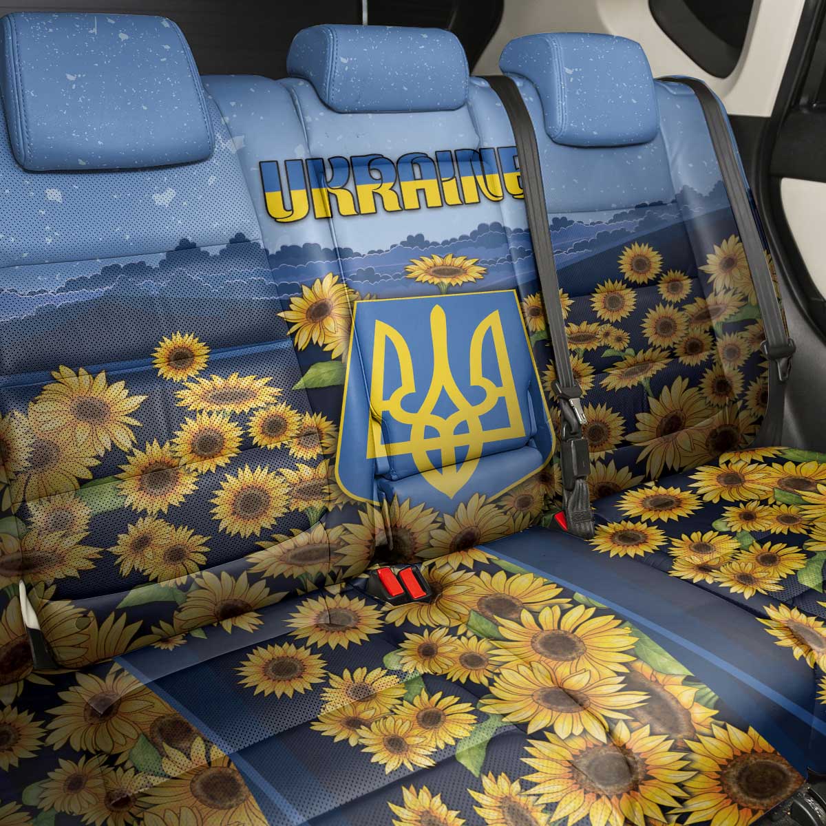 Ukraine Back Car Seat Cover Coat Of Arms On Sunflower Field - Wonder Print Shop