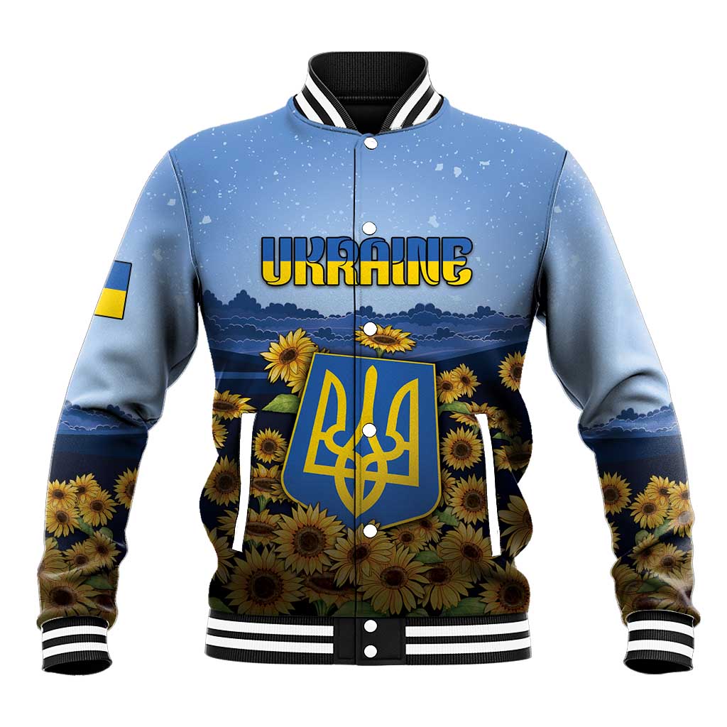 Personalized Ukraine Baseball Jacket Coat Of Arms On Sunflower Field - Wonder Print Shop