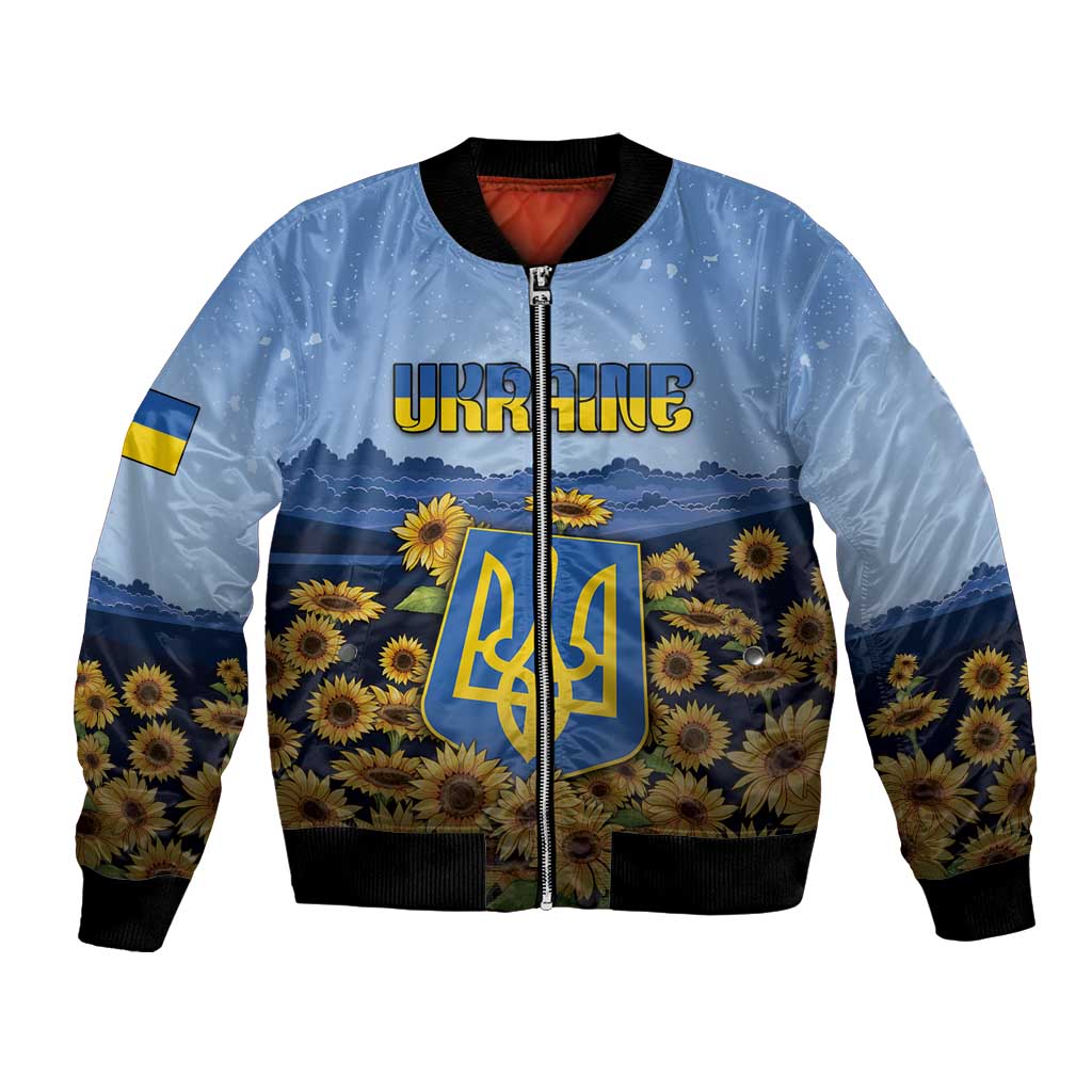 Personalized Ukraine Bomber Jacket Coat Of Arms On Sunflower Field - Wonder Print Shop