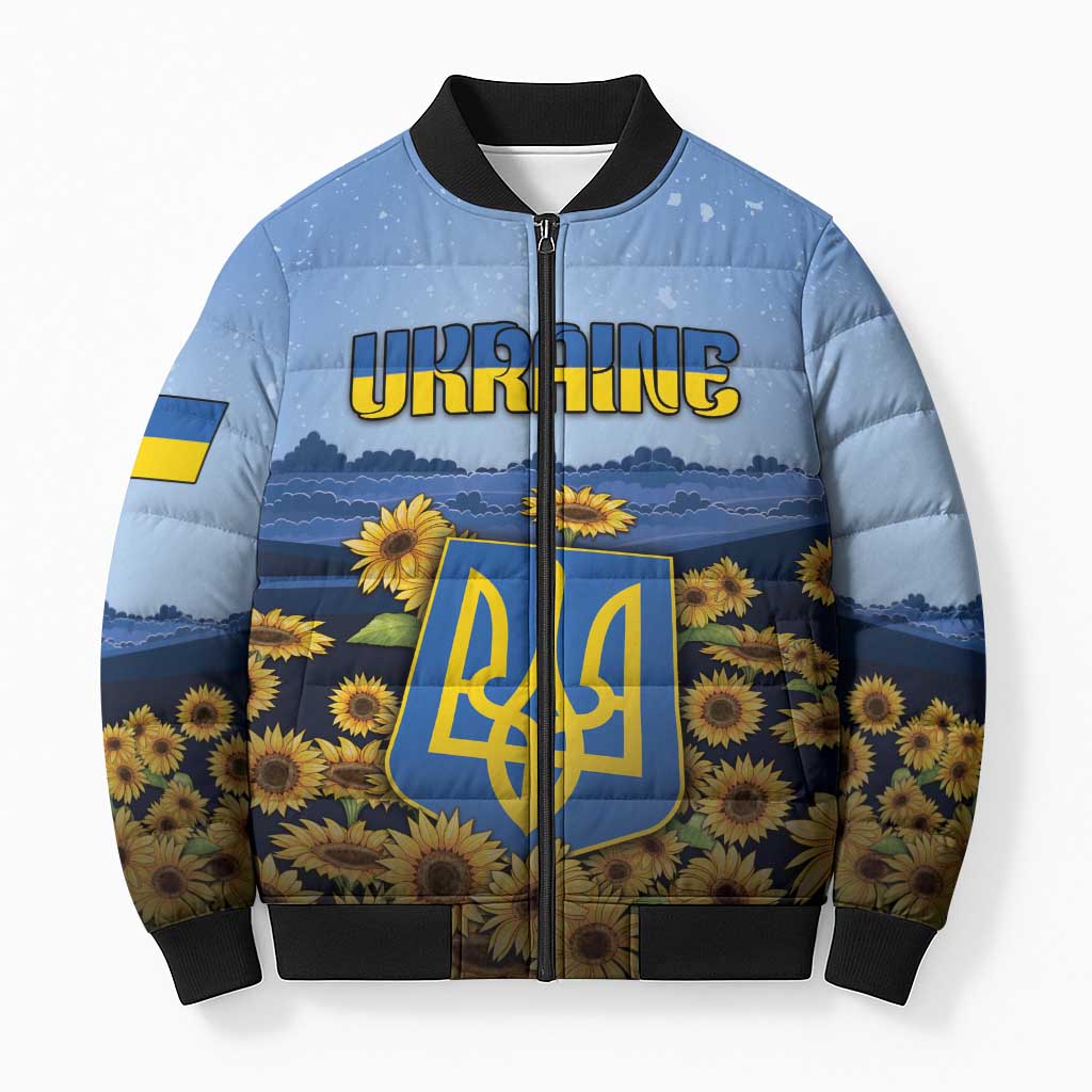 Personalized Ukraine Bomber Puffer Jacket Coat Of Arms On Sunflower Field - Wonder Print Shop