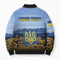 Personalized Ukraine Bomber Puffer Jacket Coat Of Arms On Sunflower Field - Wonder Print Shop