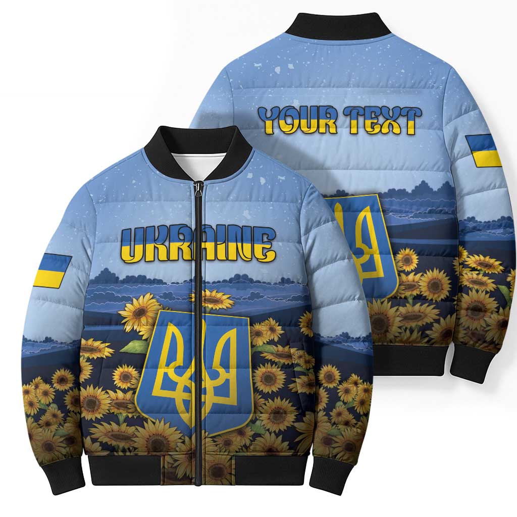 Personalized Ukraine Bomber Puffer Jacket Coat Of Arms On Sunflower Field - Wonder Print Shop