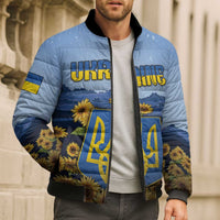 Personalized Ukraine Bomber Puffer Jacket Coat Of Arms On Sunflower Field - Wonder Print Shop